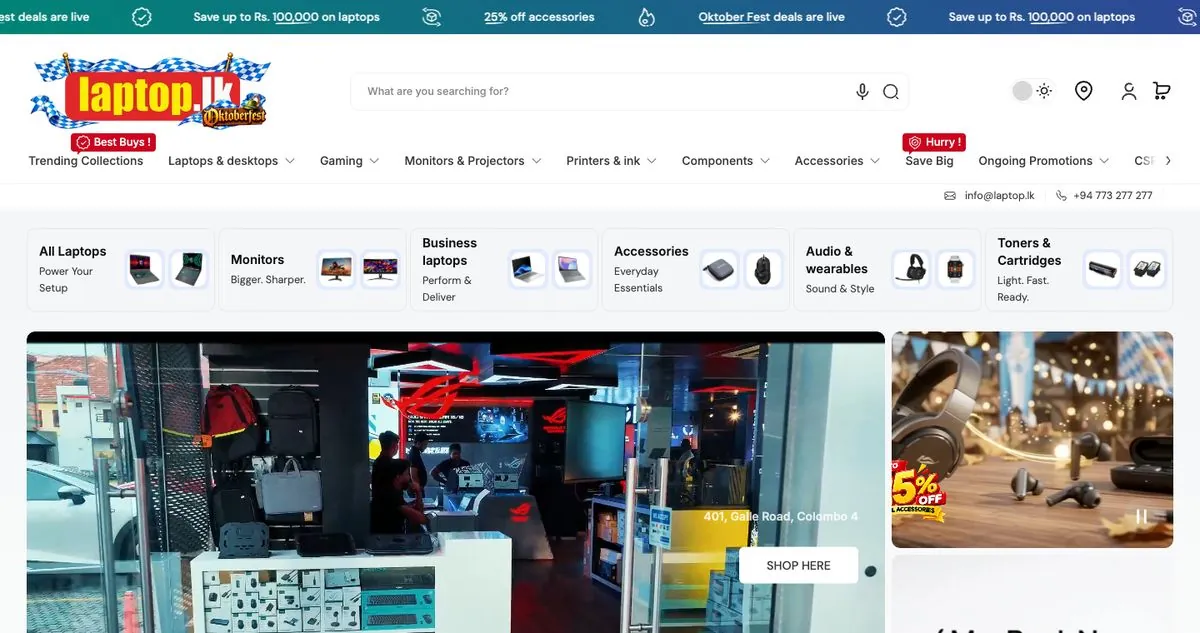 Laptop.lk Shopify store homepage with category tiles and a store promotion.