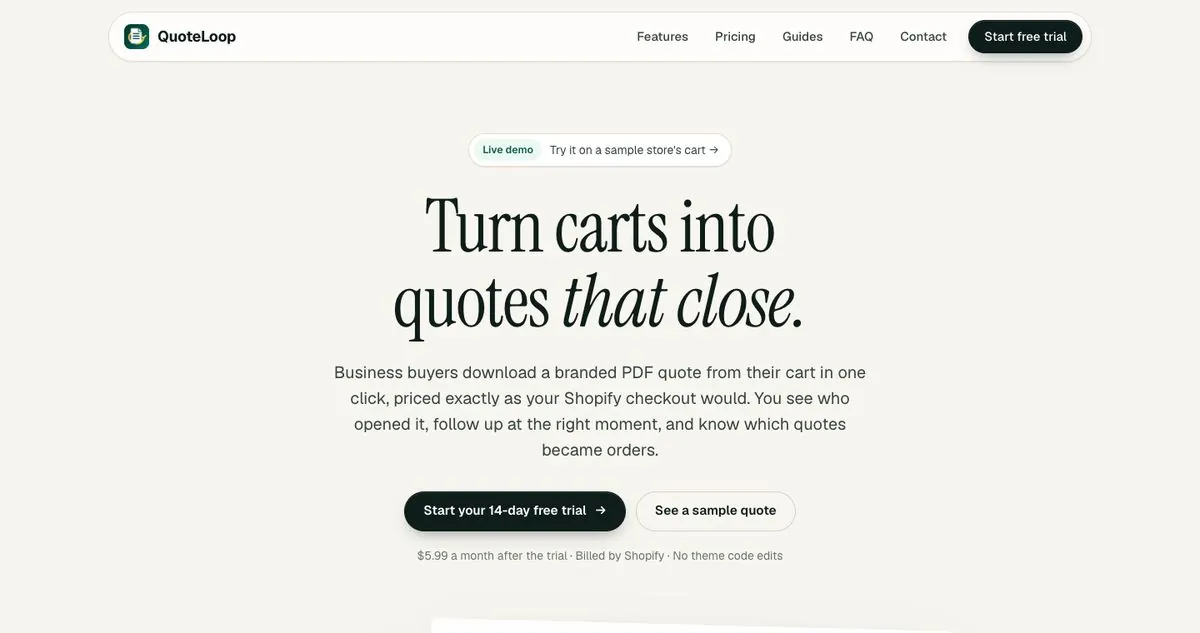 QuoteLoop website: Turn carts into quotes that close.